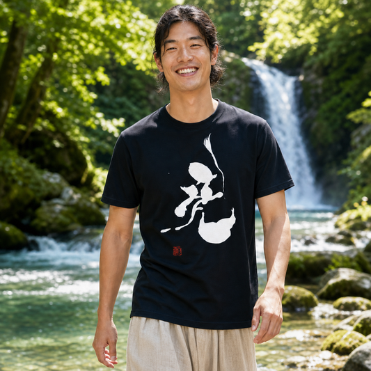 OODREY 光 #3 / Light #3 calligraphy art T-shirt, navy — product and styling image 1