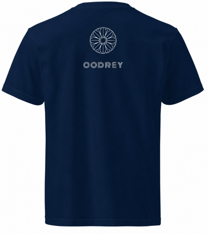 OODREY 光 #3 / Light #3 calligraphy art T-shirt, navy — product and styling image 8