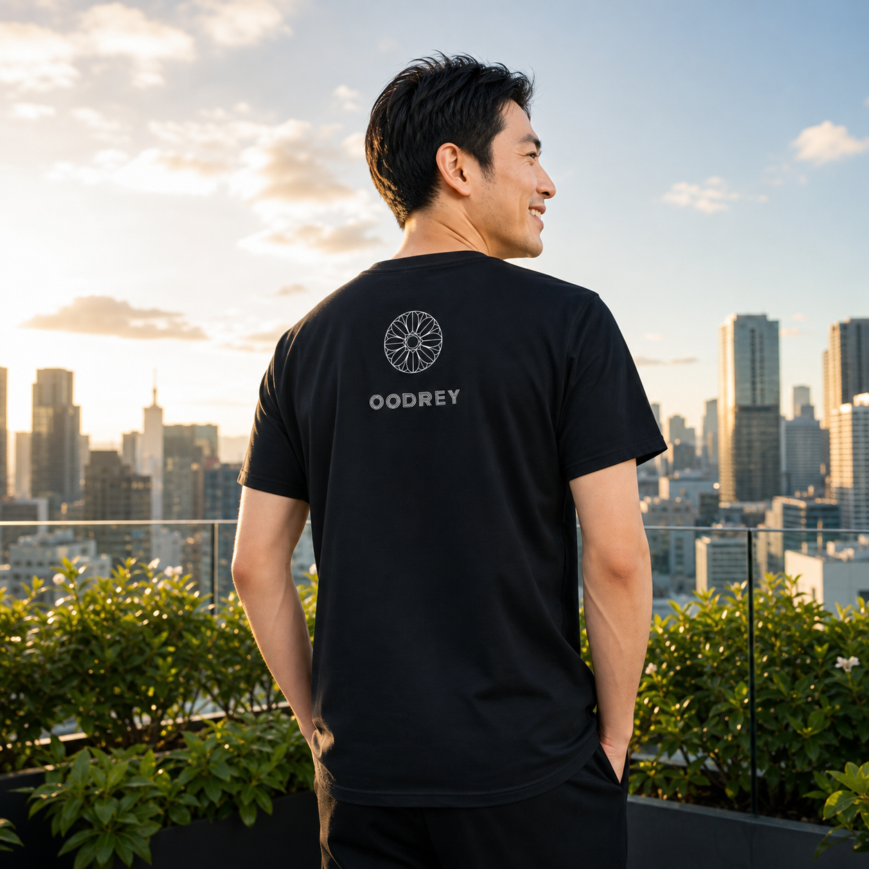 OODREY 光 #3 / Light #3 calligraphy art T-shirt, navy — product and styling image 3