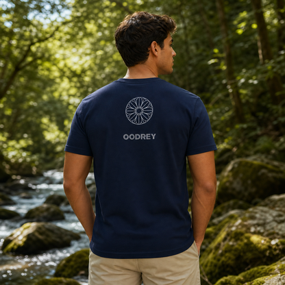 OODREY 光 #1 / Light #1 calligraphy art T-shirt, navy — product and styling image 4