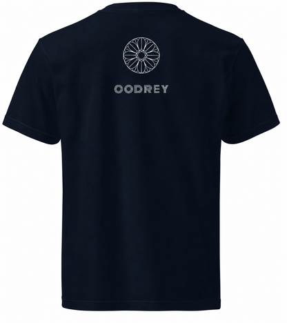 OODREY 光 #1 / Light #1 calligraphy art T-shirt, navy — product and styling image 5