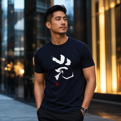 OODREY 光 #1 / Light #1 calligraphy art T-shirt, navy — product and styling image 3